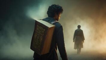 Mysterious journey with an ancient book in a foggy landscape at dusk photo