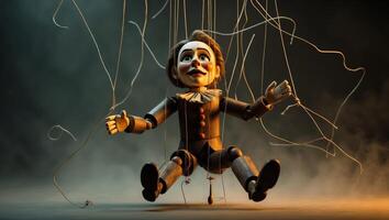 Wooden puppet with strings in dramatic lighting captures the essence of storytelling photo