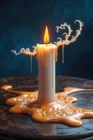 Candle with melting wax creating intricate patterns in dim light at an indoor setting photo