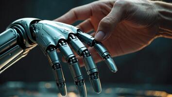 Connection between human hand and advanced robotic hand in a moment of interaction at a modern technology lab photo