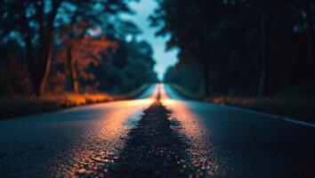 Dark winding road illuminated by soft light at dusk surrounded by trees in a tranquil setting photo
