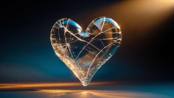 Intricate glass heart rests on a smooth surface illuminated by soft lighting in a tranquil setting photo