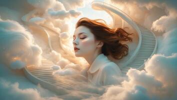 Dreamlike woman surrounded by clouds on a surreal staircase in a serene atmosphere photo