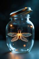 Captivating glow of a firefly trapped in a glass jar on a dark night background photo