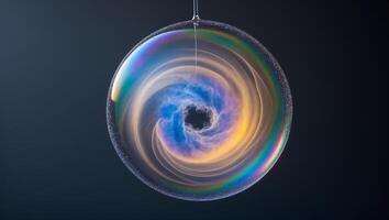 Colorful soap bubble with swirling patterns reflects light against dark background photo