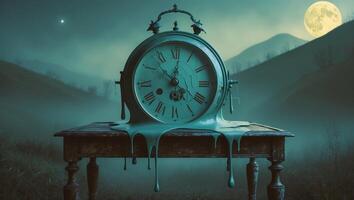Clock melting on a table in a mystical landscape under a full moon at night photo