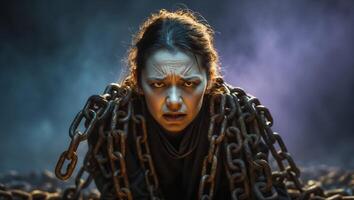 Woman Enveloped in Chains Struggling in a Dark, Smoky Environment During an Intense Moment photo