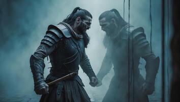 Warrior confronts reflection in misty environment during intense moment of battle preparation photo