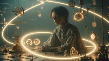 Vintage engineer engaged in intricate clockwork mechanics in a dimly lit workshop photo