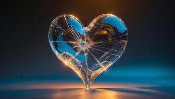 Shattered glass heart illuminated against a dark background showcasing intricate patterns of breakage photo