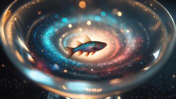 Fish swimming in a cosmic galaxy captured in a crystal bowl with swirling colors and lights photo