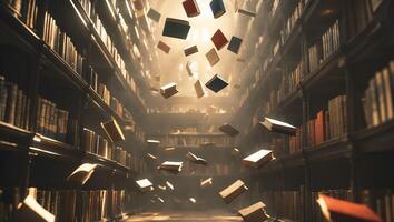 Floating books in a mystical library illuminated by warm light during the day photo