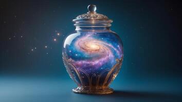 Creative interpretation of a galaxy inside a decorative jar with intricate design against a dark background photo