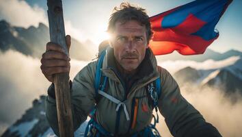 Climber reaches summit at dawn, proudly holding flag and celebrating achievement in mountainous region photo