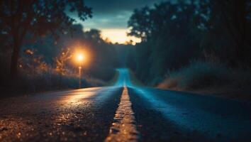 Lonely winding road illuminated by streetlight during twilight hours photo