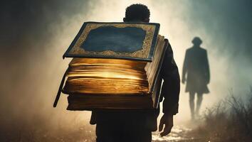 Mysterious figure in the fog approaches a person carrying a stack of ancient books at dusk photo