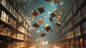 Books are floating between shelves in a dimly lit library during an enchanting evening atmosphere photo
