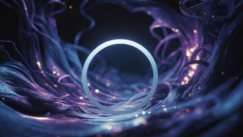 Unique abstract composition featuring glowing strands and a luminous ring in a dark environment photo