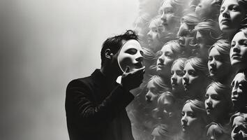 Intriguing performance art with mask and haunting reflections in black and white setting photo