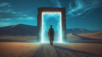 Mysterious portal in the desert invites exploration and adventure during twilight hours photo