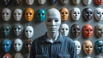 Mysterious figure stands before a collection of colorful masks in an artistic display photo