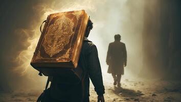 Mysterious figure with ancient book walking through foggy alley at dusk, revealing shadowy presence behind photo