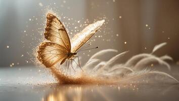 Butterfly gracefully takes flight amidst a swirl of golden sparkles in a serene indoor setting photo
