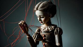 Wooden puppet interacts with tangled strings in a dimly lit room during a creative arts session photo