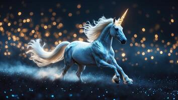 Majestic unicorn running through a mystical forest at twilight with shimmering lights in the background photo