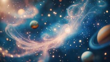 Vast cosmos filled with swirling galaxies and distant planets in a stunning cosmic display of color and light photo