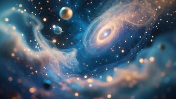 Cosmic nebula showcasing swirling clouds, glowing stars, and distant planets in a vast universe at a tranquil moment photo