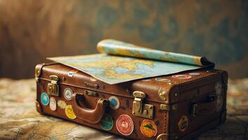 Vintage suitcase with travel stickers and an unfolded map resting on a patterned tablecloth photo