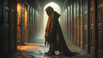 Mystical figure in dark corridor illuminated by soft light in a mysterious setting photo