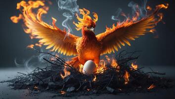 Mythical bird emerging from flames with a mystical egg surrounded by smoke and fire photo