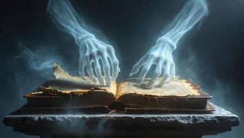 Mysterious hands emerge from fog, hovering over ancient book in a dark setting photo