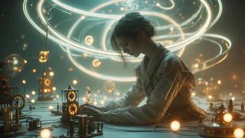 Creative exploration of time and light in an artistic workspace during an ethereal evening setting photo