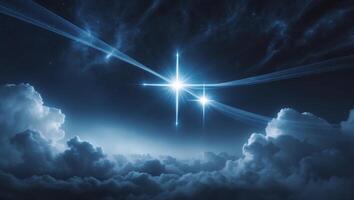 Three bright stars shine brightly in a dark night sky filled with clouds and light beams photo