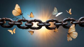 Butterflies emerging from a broken chain symbolize freedom and transformation in a vibrant setting photo