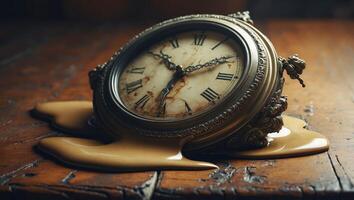Melting clock rests on a wooden surface, symbolizing the passage of time in a surreal manner photo
