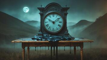 Surreal clock melting on a table surrounded by foggy hills and a full moon at night photo