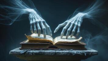 Spectral hands reaching out from a dark background to an ancient open book photo