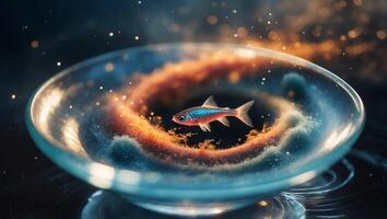 Colorful fish swims in a glass bowl surrounded by sparkling particles in a mystical atmosphere photo