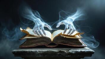 Mysterious hands emerge from a book in a dark, enchanted setting filled with swirling mist and shadows photo