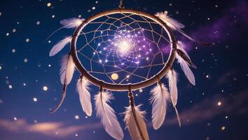 Dream catcher hangs against a starry sky with luminous elements and delicate feathers at night photo