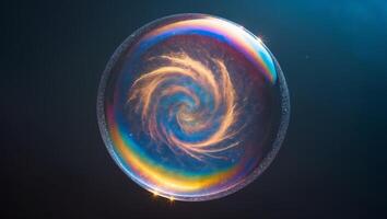 Colorful swirl captures the beauty of a soap bubble reflecting light in a captivating display of colors and patterns photo