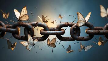Butterflies breaking free from rusty chains in a symbolic display of liberation and transformation photo