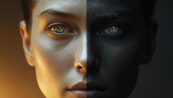 Duality of human expression captured in contrasting light and shadow on a face showcasing emotion and depth photo