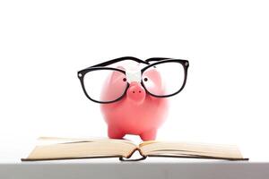 piggy bank on a stack of book concept of education costs photo