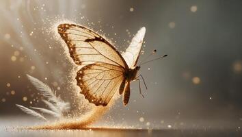 Delicate butterfly in a surreal setting with shimmering particles and soft light creating a magical atmosphere photo