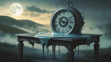 Melting clock on a table under moonlight in a surreal landscape at twilight photo